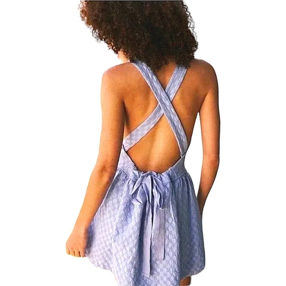 FREE PEOPLE VaVa Volume Mini Dress Blue Egret Jacquard Criss-Cross Strap XS NWOT - Picture 6 of 13